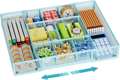 Marbrasse Expandable Desk Drawer Organizer, Mesh Drawer Organizer Tray with 10 Adjustable Compartments, Desk Organizers and Accessories for Office Supplies, Makeup & Vanity (Expandable-Blue)