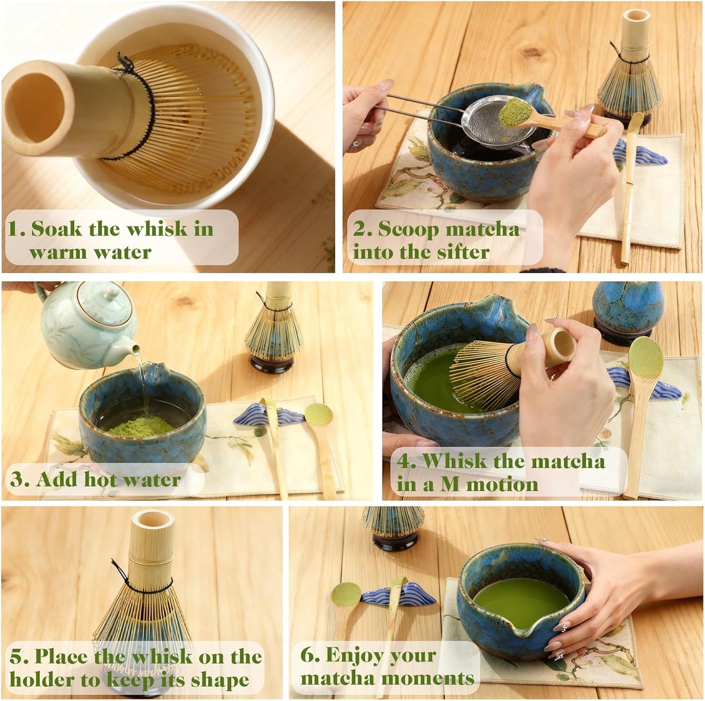HEYMKGO Matcha Whisk Set 8 Pcs, Sapphire Blue Matcha Bowl with Spout, Bamboo Whisk & Holder, Scoop, Scoop Rest, Sifter, Bamboo Spoon & Tea Towel - Traditional Japanese Matcha Tea Ceremony Kit