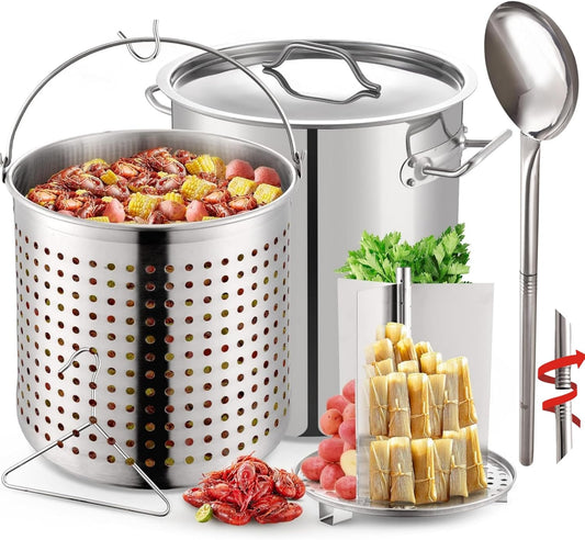 ARC 100quart Large Stainless Steel Stockpot with 48in Mixing Spoon for Seafood Boiler Crawfish Pot with Basket and Steam Rack,Long Handle Spoon for Large Batch Cooking Crab Lobster Shrimp, and Tamales