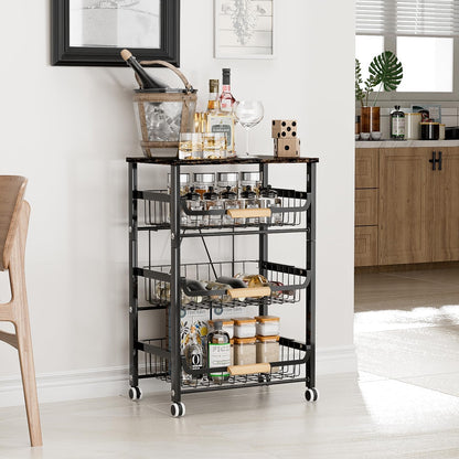 4-Tier Fruit Basket, Pull-Out Kitchen Storage Cart with Wooden Tabletop and Mesh Baskets, Mobile Kitchen Organizer Cart with Wheels, Pantry for Fruit/Potato/Onion/Vegetable/Snack