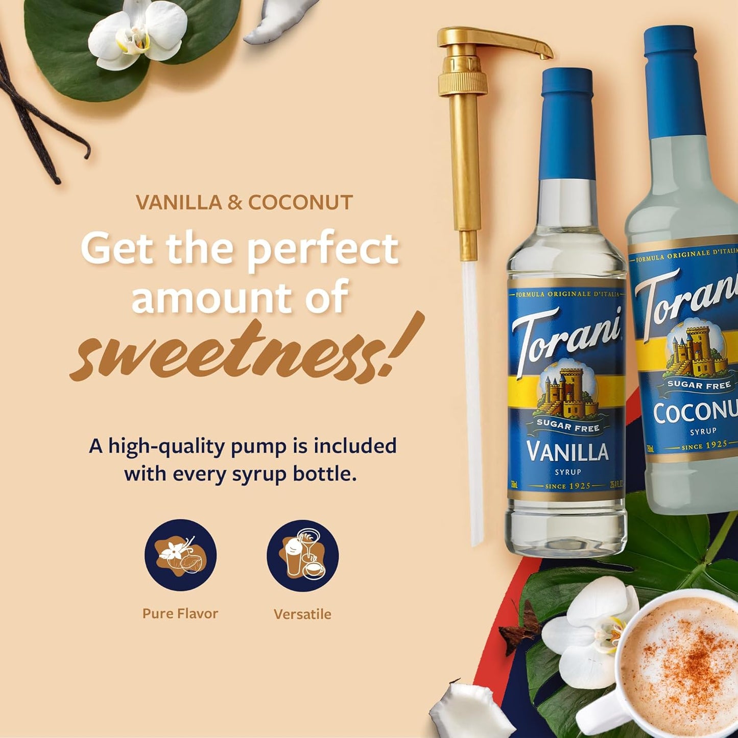 Torani Sugar Free Coconut Syrup and Sugar Free Vanilla Syrup Variety 2-Pack, Coffee Syrups for Drinks, Pumps Included, 25.4 Fl Oz Ea