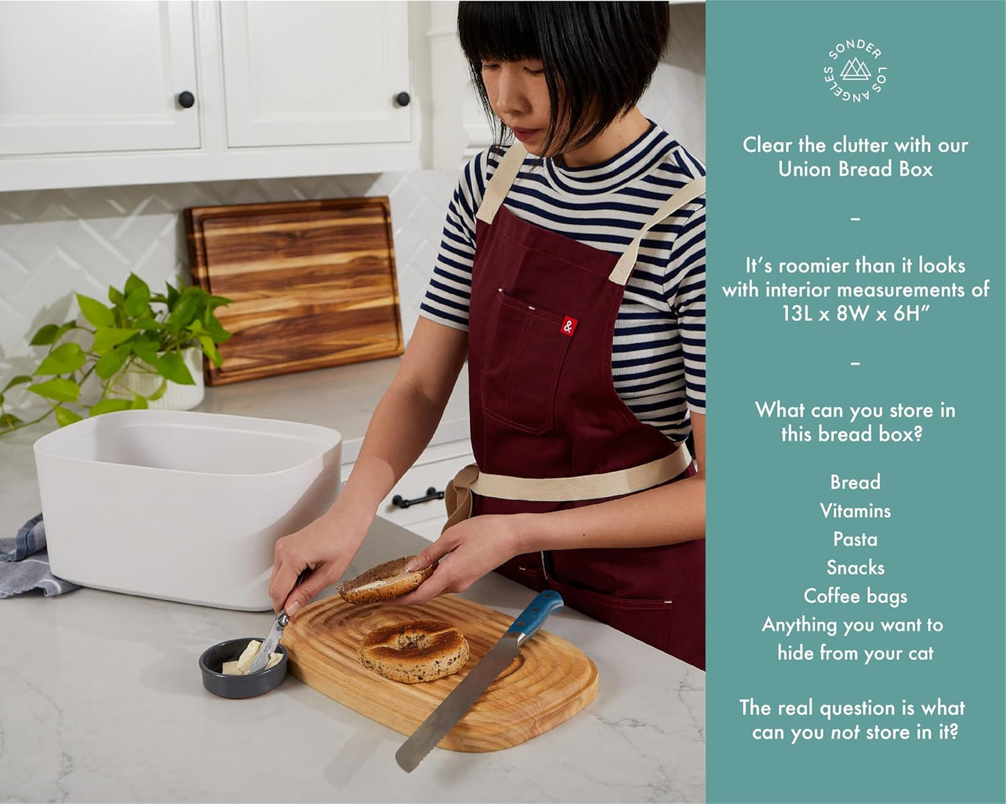 Sonder Los Angeles, Modern Bamboo Fiber and Recycled Plastic Bread Box (White) for Kitchen Countertop with Reversible Cutting Board Lid, Homemade Bread Bin Storage Container 14.25 x 9.25 x 7 in