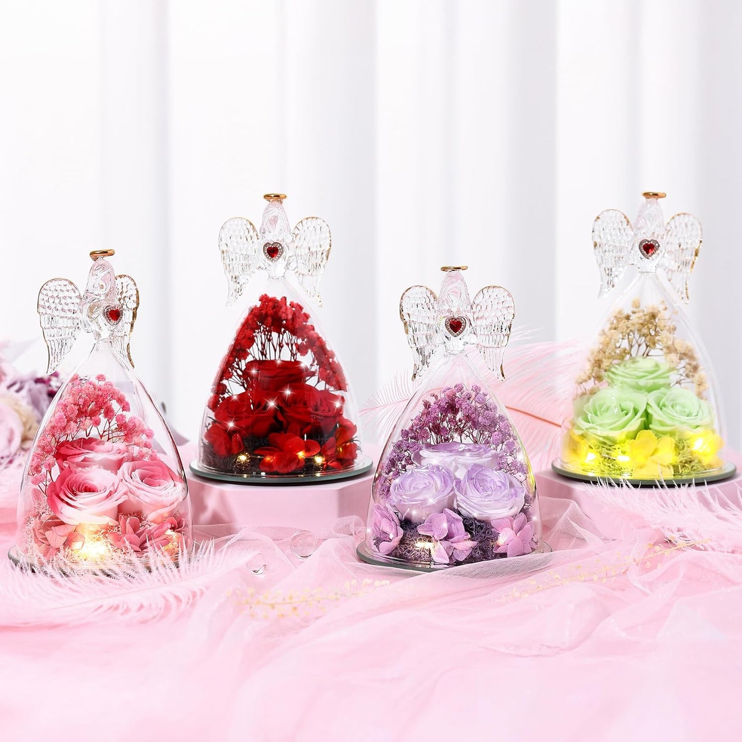 Mothers Day Rose Gifts for Women, Large Angel Figurines with Real Roses, Preserved Real Flower Rose for Her, Crystal Red