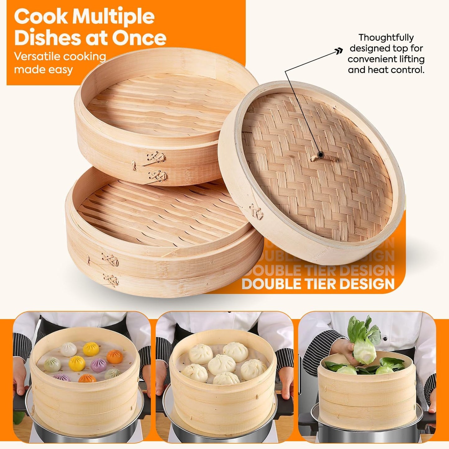 10 Inch Bamboo Steamer – 2 Tier Wooden Basket with Lid, Ring Adapter & Reusable Liners – Dumpling, Bao Bun, Dim Sum & Vegetable Steamer for Healthy Asian Cooking