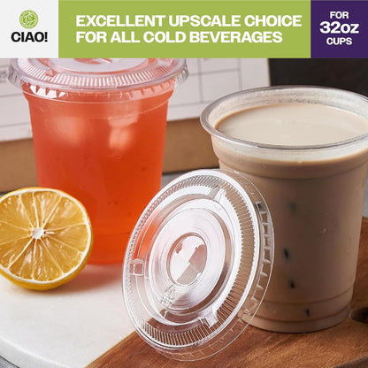 CIAO! Ultra Clear PET Flat Lid with Straw Slot - Fits 32 oz PET Cups, 107mm (Case of 300)