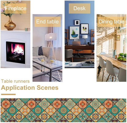 Vintage Bohemian Table Runner, Retro Floral Old Countryside Pattern Farmhouse Table Runner for Kitchen Home Party Dining Room Holiday Coffee 13x60 Inch