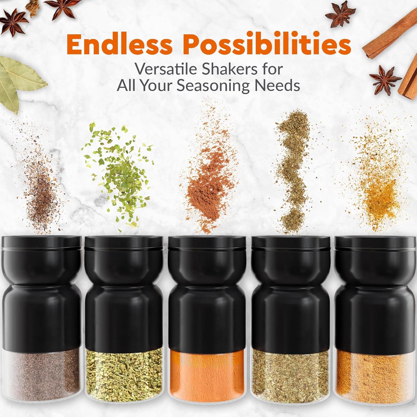 HOME EC Original Salt and Pepper Shakers Set with Adjustable Pour Holes - Black Salt Shaker and Pepper Shaker - Farmhouse Spice dispenser for salts, Ground peppercorn and spices