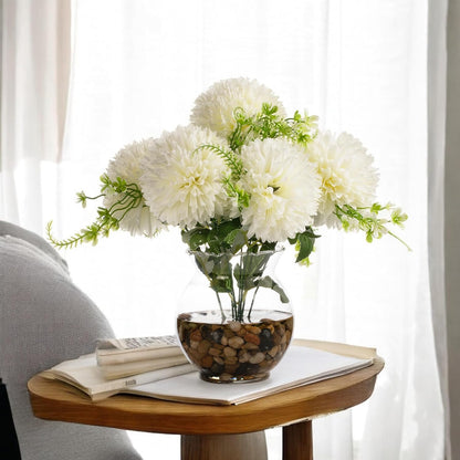 ENOVA FLORAL 7 Heads Silk Marigold Artificial Flowers in Vase,Faux Marigold Flowers Arrangement in Round Bowl Vase with Faux Water and River Rock for Table Decor Centerpieces (Marigold-Cream)