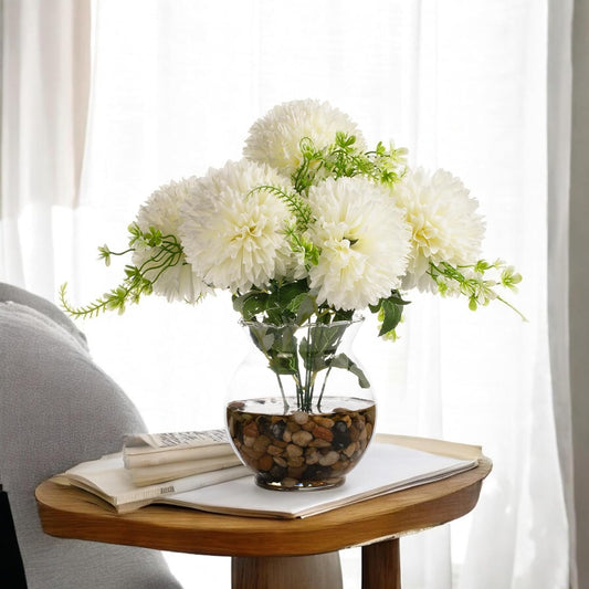 ENOVA FLORAL 7 Heads Silk Marigold Artificial Flowers in Vase,Faux Marigold Flowers Arrangement in Round Bowl Vase with Faux Water and River Rock for Table Decor Centerpieces (Marigold-Cream)