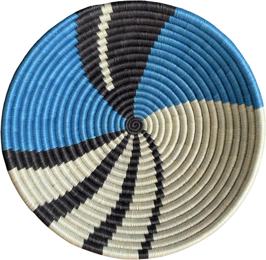 Handwoven African Basket Handmade sisal Fruit Bowl Wall Hanging decorative Baskets for Home Living Room Kitchen Centerpiece Zen Designs Arts and Crafts (Blue Black Abstract Swirl, 10in diameter)