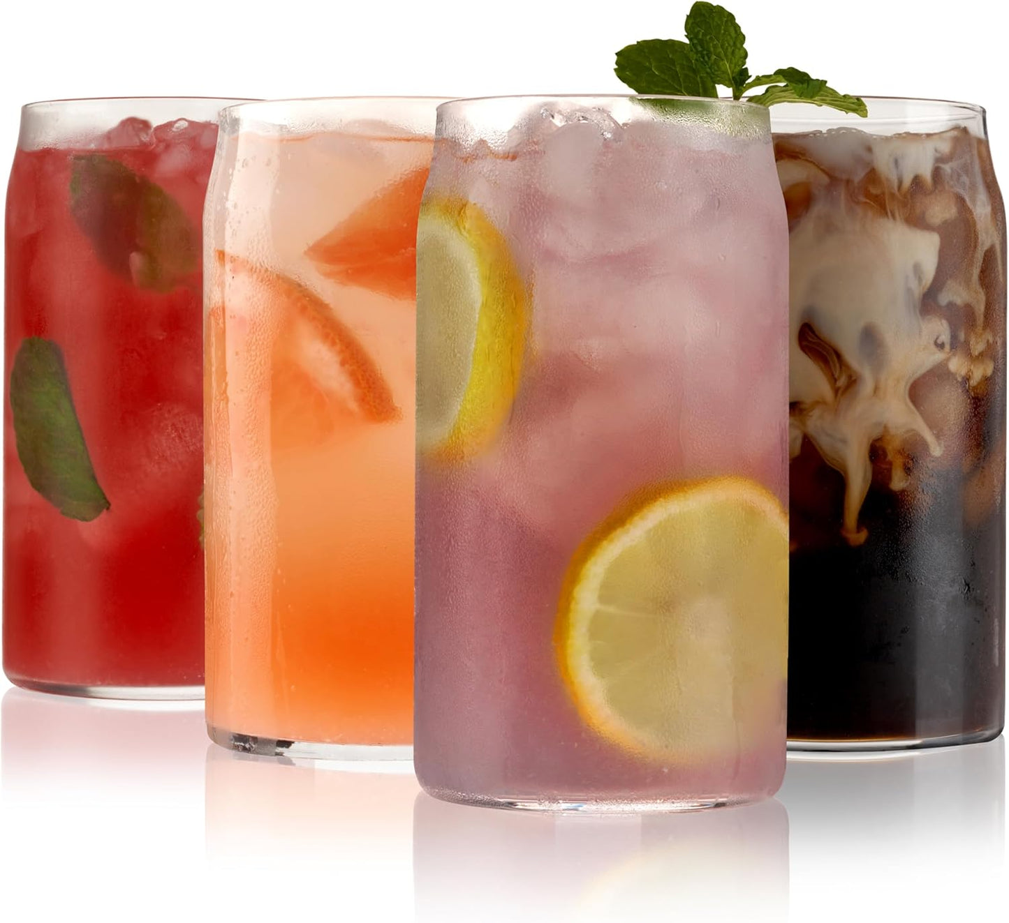 True Beer Can Glasses, Clear Tumblers, Superior Cocktail, Water, Juice, Iced Coffee, Soda, Beverage Drinking Glass, Kitchen Glassware Sets, Drinkware, Home Bar, 16 oz Set of 4