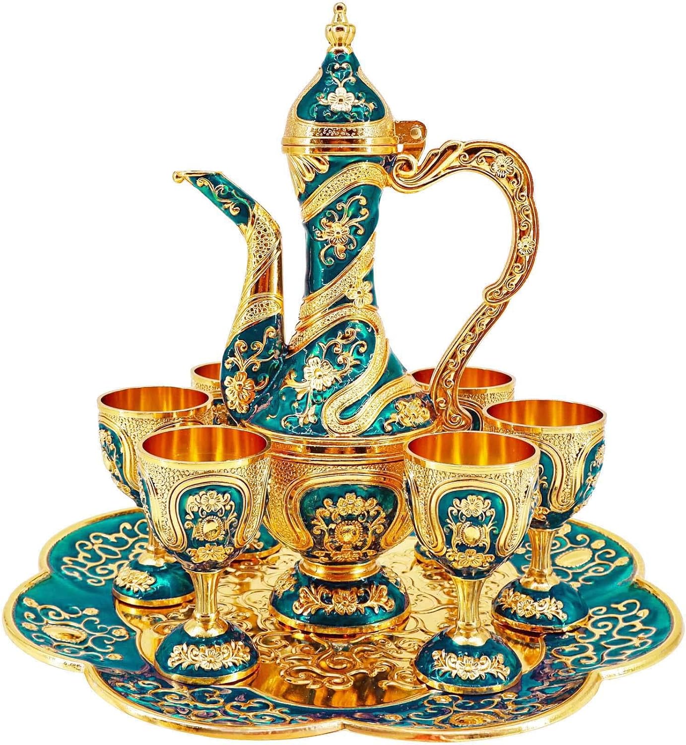 Vintage Turkish Coffee Pot and Cups Set,Tea Service Set Including Teapot,Tea Tray and Metal Cups for Wine Cabinet Decor,Wedding Ornaments (Gold and Blue)