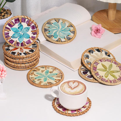 uxcell 2Pcs Handmade Woven Rattan Coasters, Heat-Resistant Drink Coasters for Coffee Table Dining Room Kitchen Coffee Wine Decor, Green Petal