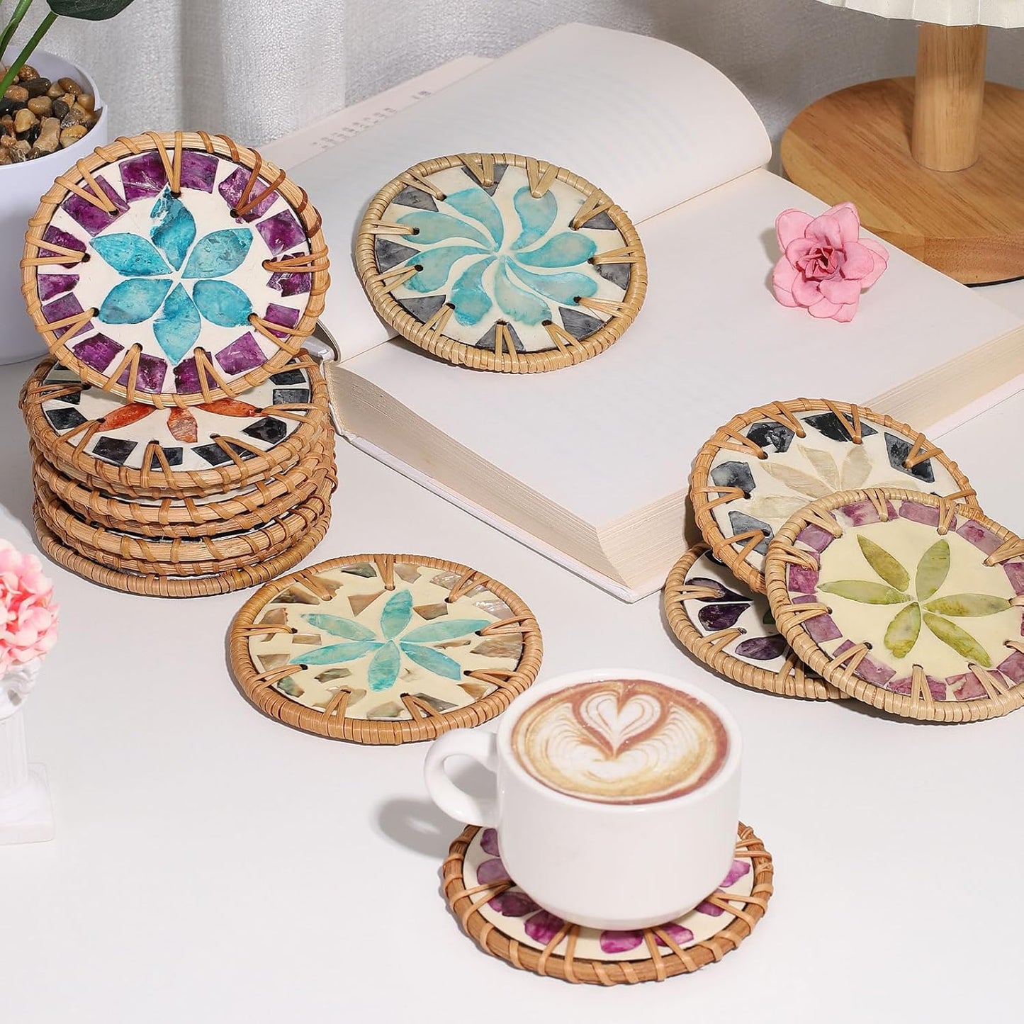 uxcell 2Pcs Handmade Woven Rattan Coasters, Heat-Resistant Drink Coasters for Coffee Table Dining Room Kitchen Coffee Wine Decor, Beige Petal