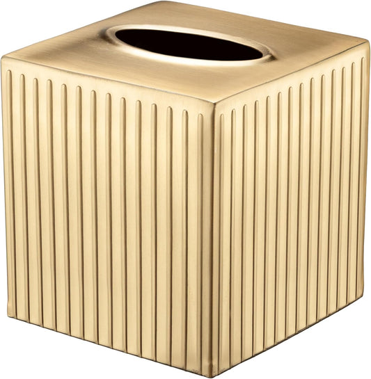 Monarch Abode Tissue Box Cover Square – Handcrafted Ridge Embossed Brushed Gold Metal Tissue Holder Box for Bathroom Accessory, Aesthetic Decorative Facial Napkin Cube for Modern Home Decor