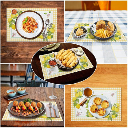 Yellow Lemon Placemats Set of 4, 12x18 Inch Summer Fruits Buffalo Plaid Baskets Floral Farmhouse Seasonal Spring Holiday Coffee Table Mats for Party Kitchen Dining Decoration