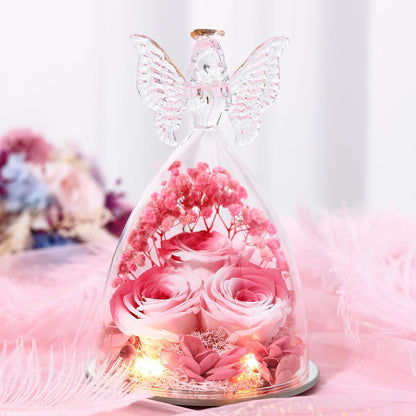 Christmas Rose Gifts for Women Preserved Real Flower in Glass Angel Figurines Roses for Delivery Prime Birthday Gifts for Mom Grandma Girlfriend Wife Her, Pink White