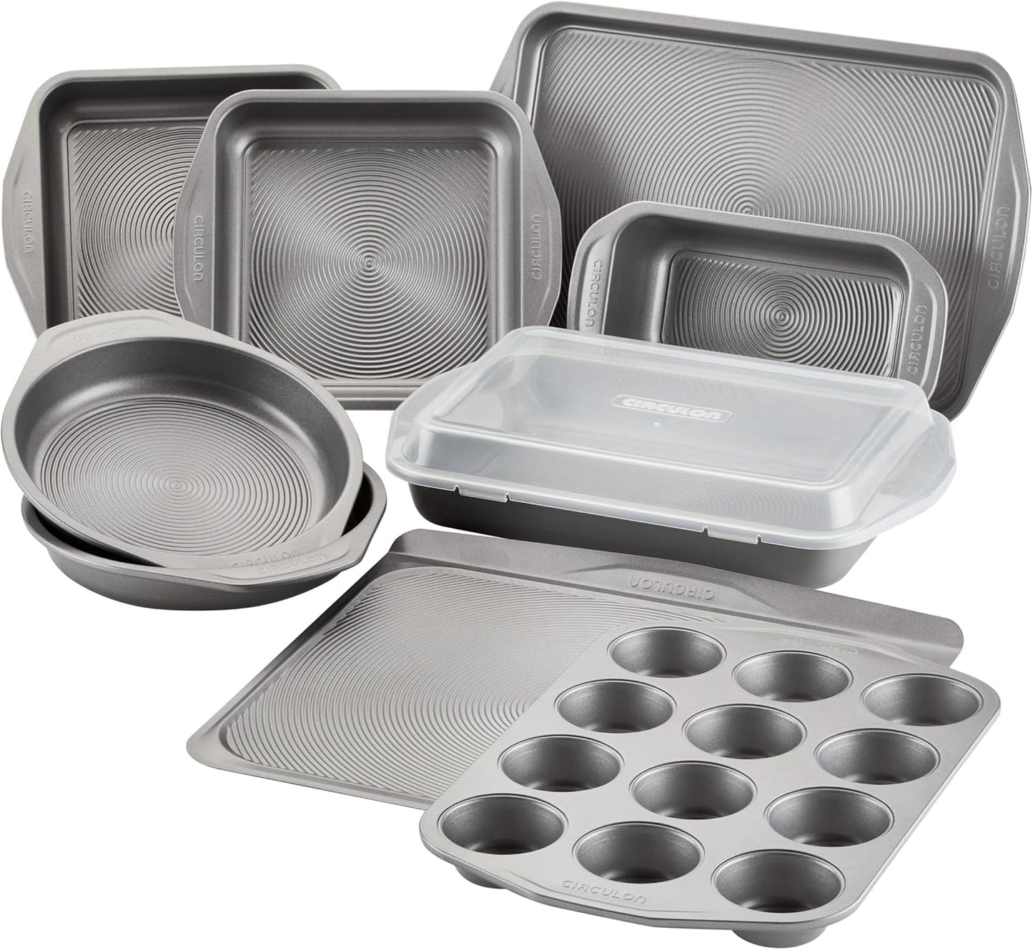 Circulon Total Nonstick Bakeware Set with Nonstick Bread Pan, Cookie Sheet, Baking Pan, Baking Sheet, Cake Pan and Muffin/Cupcake Pan - 10 Piece, Gray
