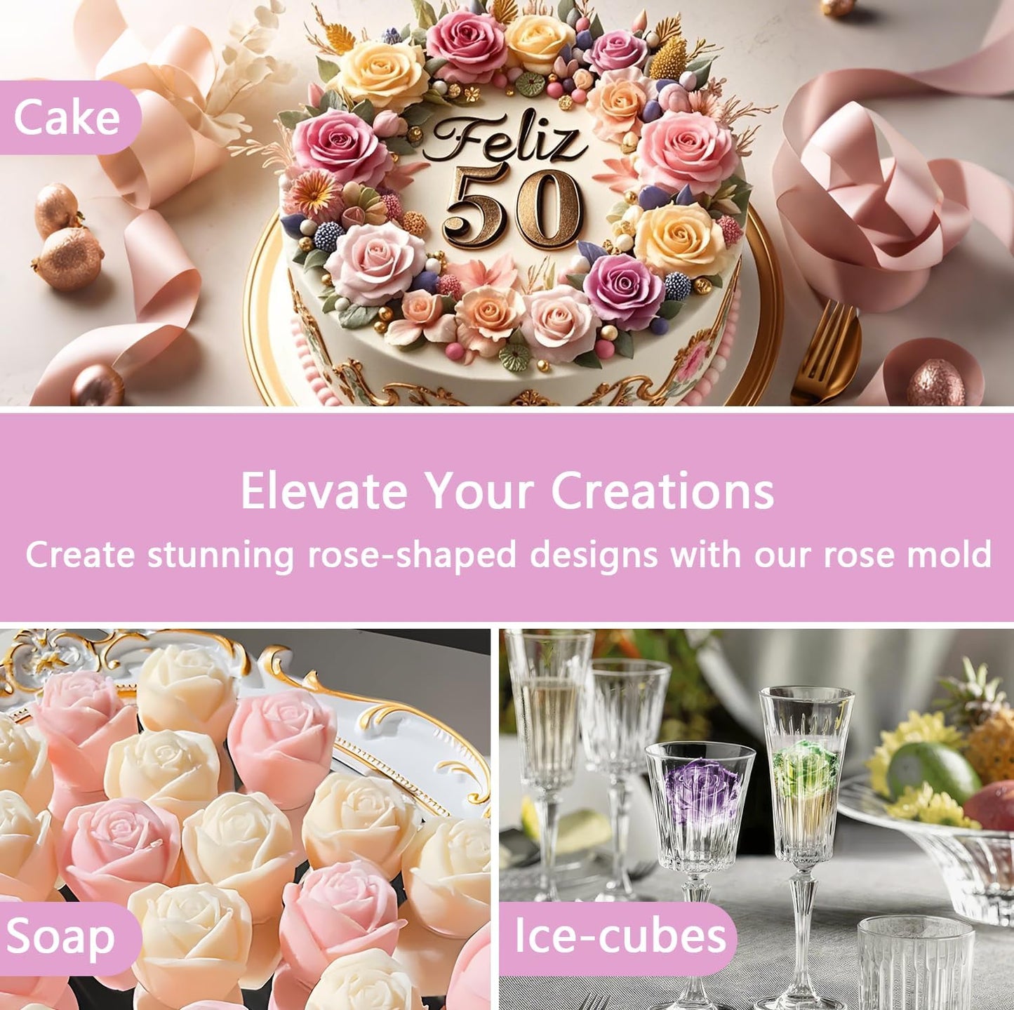 MEMOVAN 15 Cavity Rose Silicone Fondant Mold 2pcs 3D Flower Cake Resin Mold Rose Candy Chocolate Mold Flower Ice Tray Molds for Sugarcraft Cupake Decoration Soap Candle Making Clay Lotion Bar Wax
