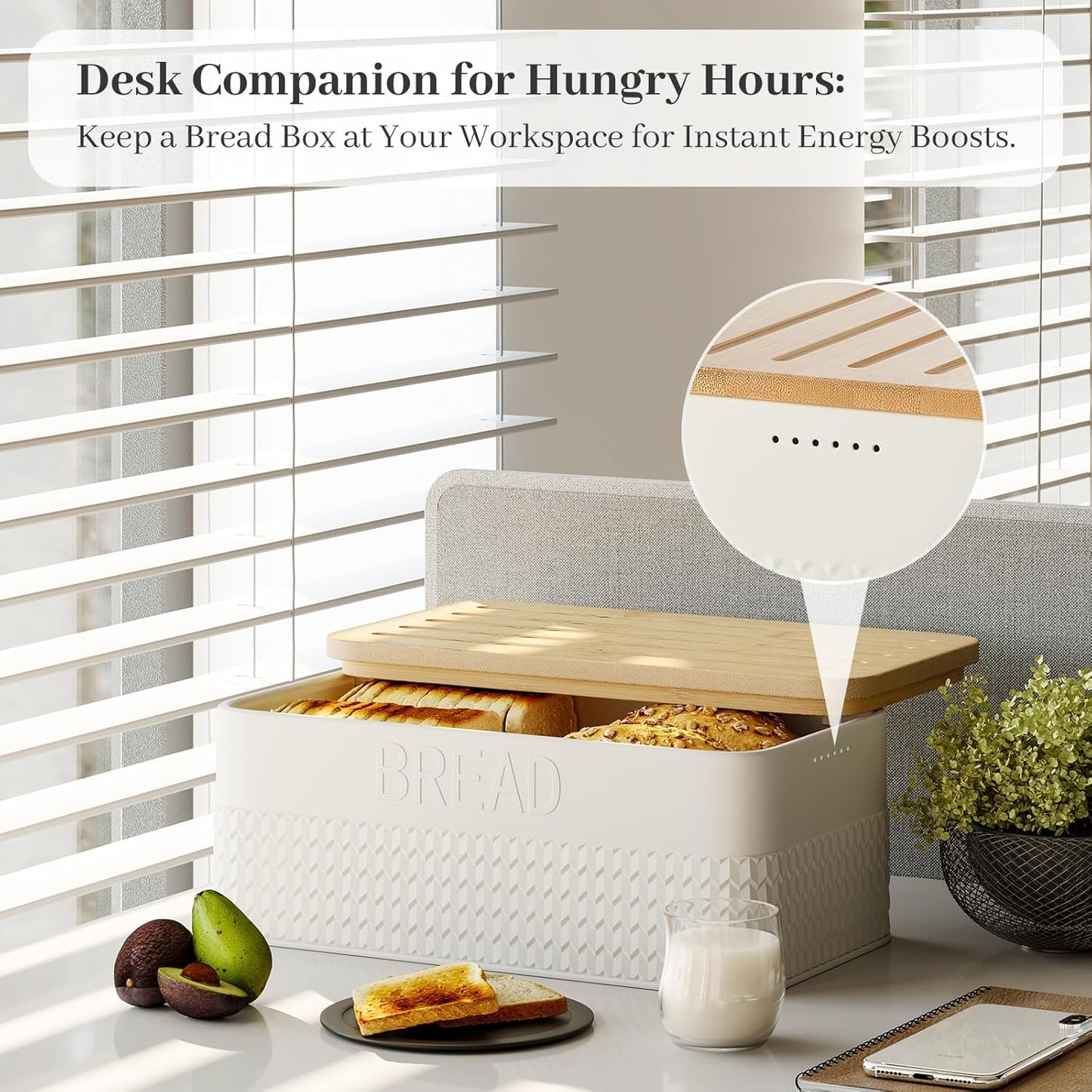 Bread Box for Kitchen Countertop - Metal Bread Storage with Bamboo Cutting Board Lid & Bread Knife, Corner Bread Container for Homemade Bread and Toast, White