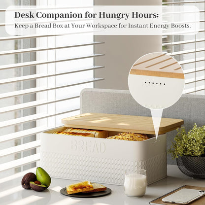 Bread Box for Kitchen Countertop - Metal Bread Storage with Bamboo Cutting Board Lid & Bread Knife, Corner Bread Container for Homemade Bread and Toast, White