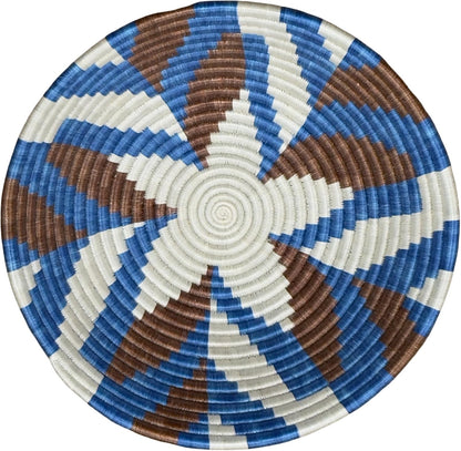 Handwoven African Basket Handmade sisal Fruit Bowl Wall Hanging decorative Baskets for Home Living Room Kitchen Centerpiece Zen Designs Arts and Crafts (Blue Brown Natural, 12in diameter)