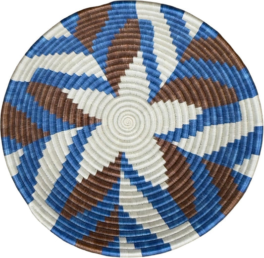 Handwoven African Basket Handmade sisal Fruit Bowl Wall Hanging decorative Baskets for Home Living Room Kitchen Centerpiece Zen Designs Arts and Crafts (Blue Brown Natural, 12in diameter)