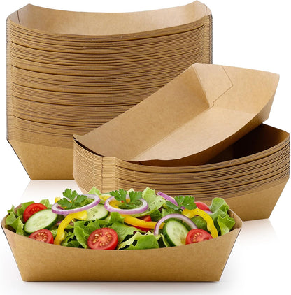 100 Pack 3lb Paper Food Trays, Heavy Duty Disposable Food Boats, Disposable Nacho Trays, Kraft Paper Serving Basket for Party Snacks, Nachos, French Fries, Hot Dogs, Tacos, BBQ, Brown