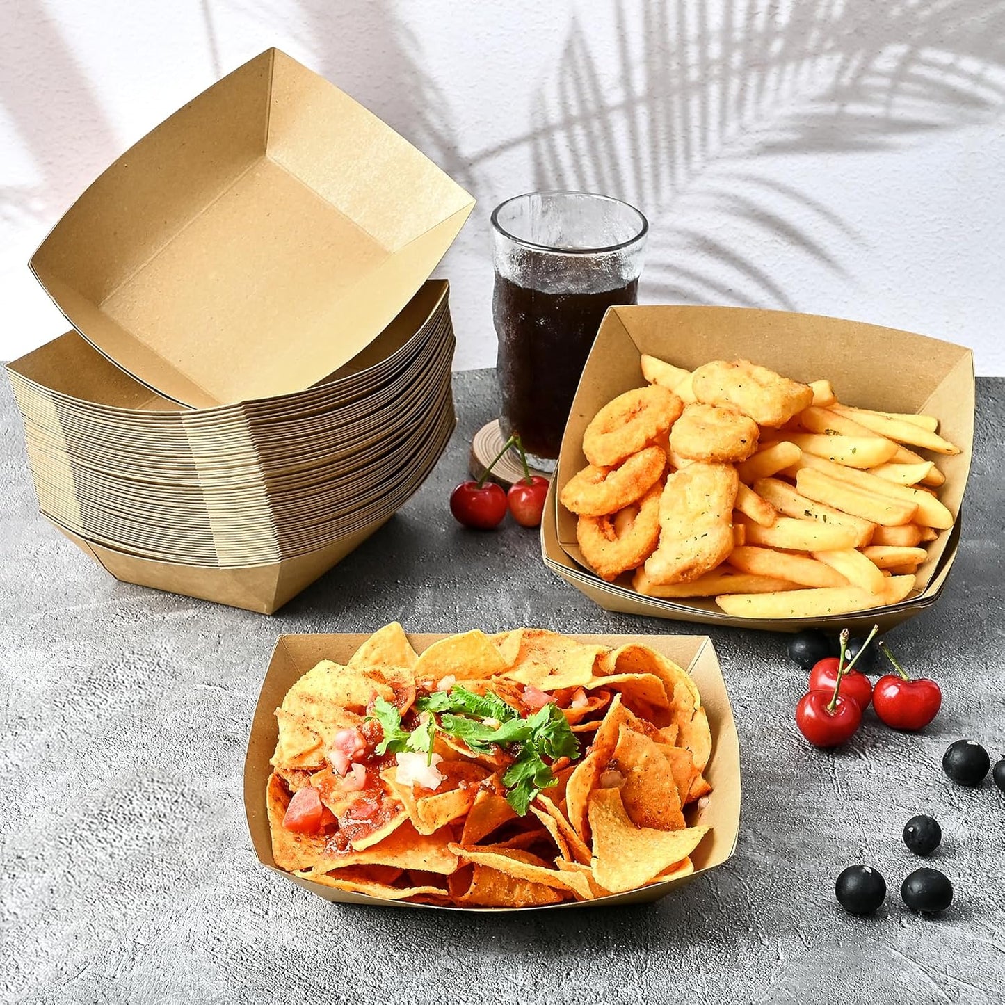 Ocmoiy 3lb Paper Food Trays, 100 Pack Heavy Duty Food Boats Holders Disposable Serving Basket Trays for Nachos, Tacos, Fries, Hot Dog, Corn, BBQ, Festivals, Party