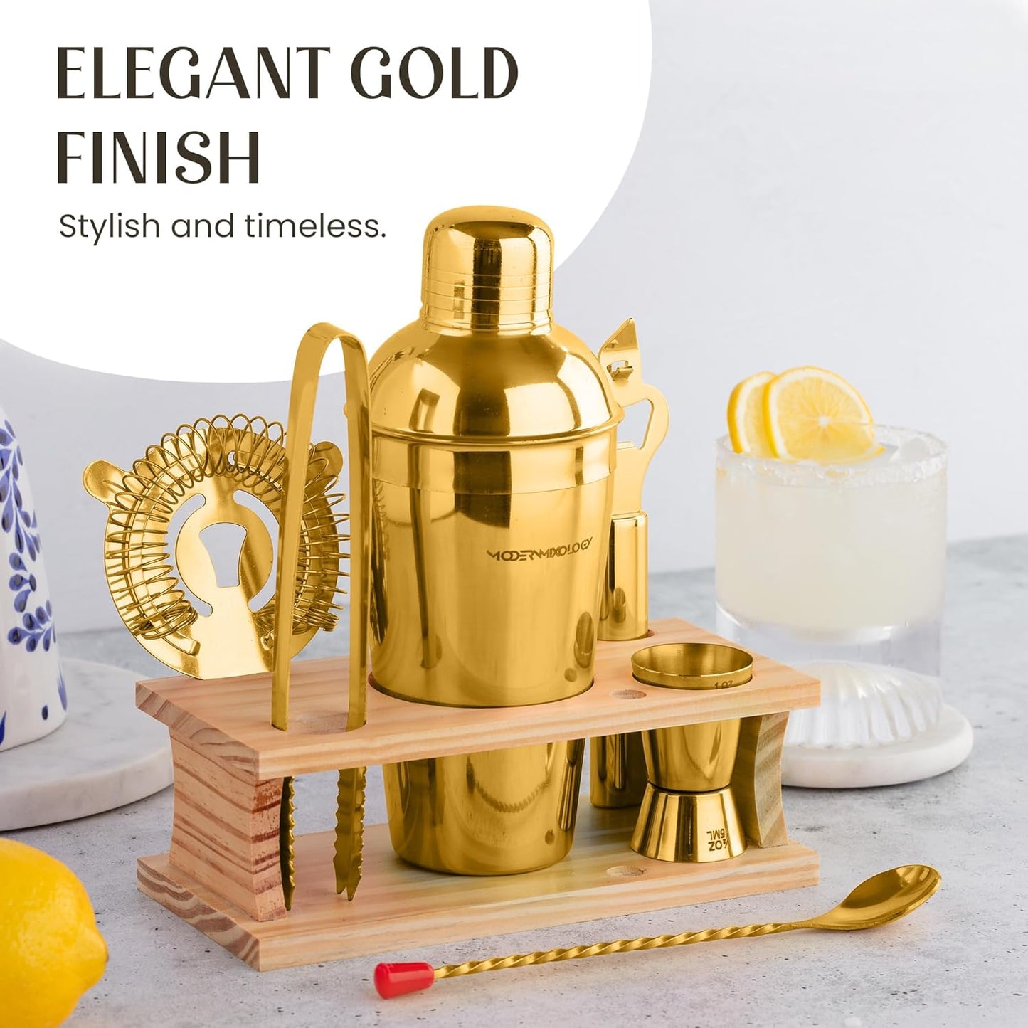 Modern Mixology Cocktail Shaker Set - 8 Piece Bartender Kit with Martini Shaker and Popular Bar Accessories on Quality Pine Stand - Leak Proof Design (Gold)