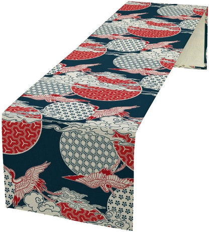 Chinese Crane Table Runner, Luxury Asian Style Oriental Line Geometry Wave Traditional Elements Blue White Table Runner for Kitchen Home Party Dinner Set, 13x120 Inch