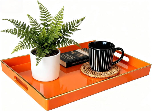 Zosenley Decorative Tray, Rectangular Plastic Tray with Handles, Modern Vanity Tray and Serving Tray for Bathroom, Kitchen, Ottoman and Coffee Table, 15.6” x 10.2” (Orange)