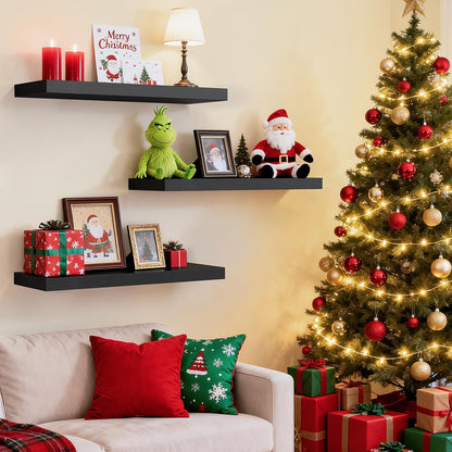 BAYKA Floating Shelves for Wall, Wall Mounted Rustic Wood Shelves for Bathroom, Bedroom, Living Room, Kitchen, Hanging Shelf for Books/Storage/Room Decor with 22lbs Capacity (Black, Set of 3, 15.7in)