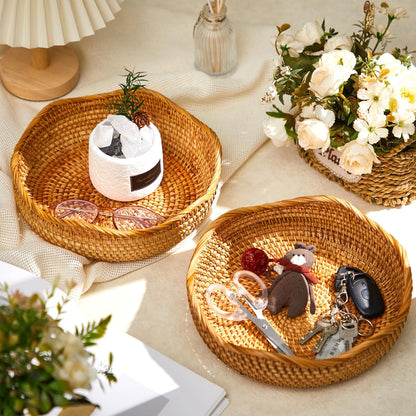 1.3 Pcs 10.2" Rattan Bread Baskets Wicker Fruit Food Storage Bowls Round Scalloped Natural Woven Decorative Serving Basket Tray for Kitchen Entryway Tabletop Counter Organizing