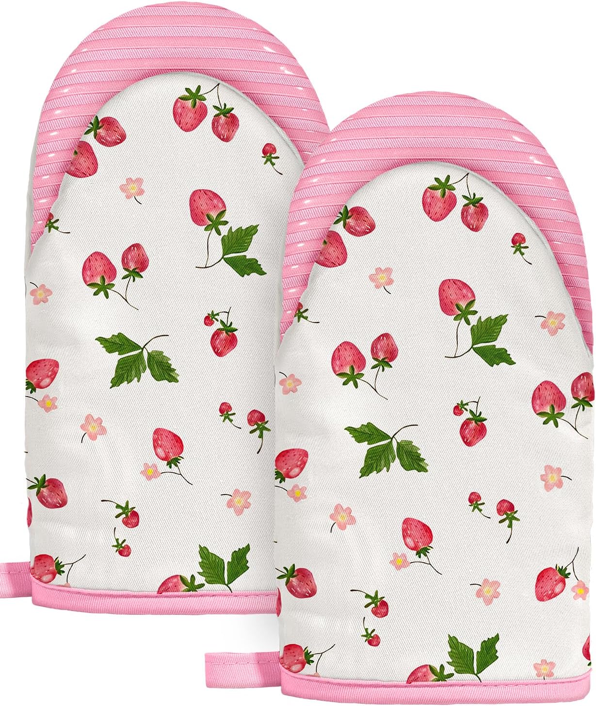 Slohif Cute Strawberry Mini Oven Mitts Set – Pink Extended Short Heat Resistant Kitchen Gloves for Women, 100% Cotton Oven Mitts with Silicone Grips, Non-Slip and Thick Durable for Cooking & Baking