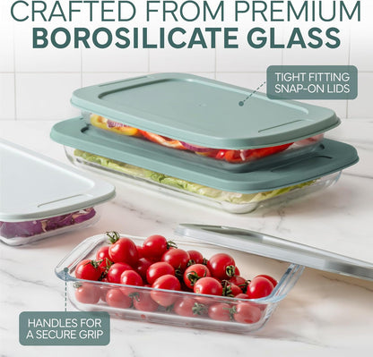 COOK WITH COLOR 8-Piece Deep Glass Baking Dish Set with Plastic Lids – Casserole and Food Storage Containers for Lasagna, Leftovers – Freezer-to-Oven, Microwave & Dishwasher Safe, Sage