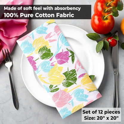 Urban Villa Easter Cloth Napkins Tulip Print 100% Cotton Absorbent Dinner Napkins (Set of 12) Oversized 20x20 Inches Soft Durable Reusable Washable Napkins Ideal for Everyday Use Parties Wedding