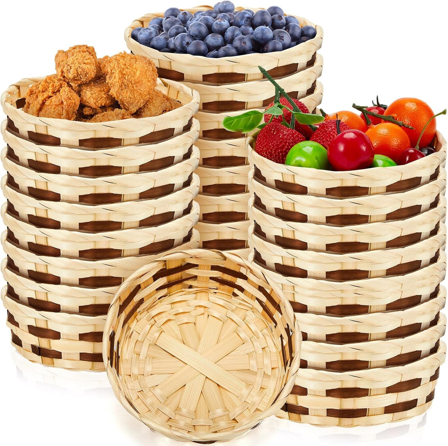 Sintuff 24 Pcs Small Woven Basket Round Bamboo Gift Baskets 6. 5 x 2 Inches Wicker Berry Bread Fruit Basket Empty Food Serving Baskets for Picnic Kitchen Restaurant