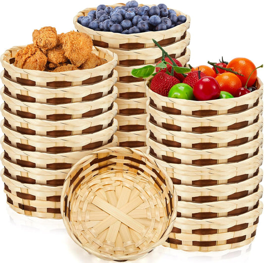 Sintuff 24 Pcs Small Woven Basket Round Bamboo Gift Baskets 6. 5 x 2 Inches Wicker Berry Bread Fruit Basket Empty Food Serving Baskets for Picnic Kitchen Restaurant