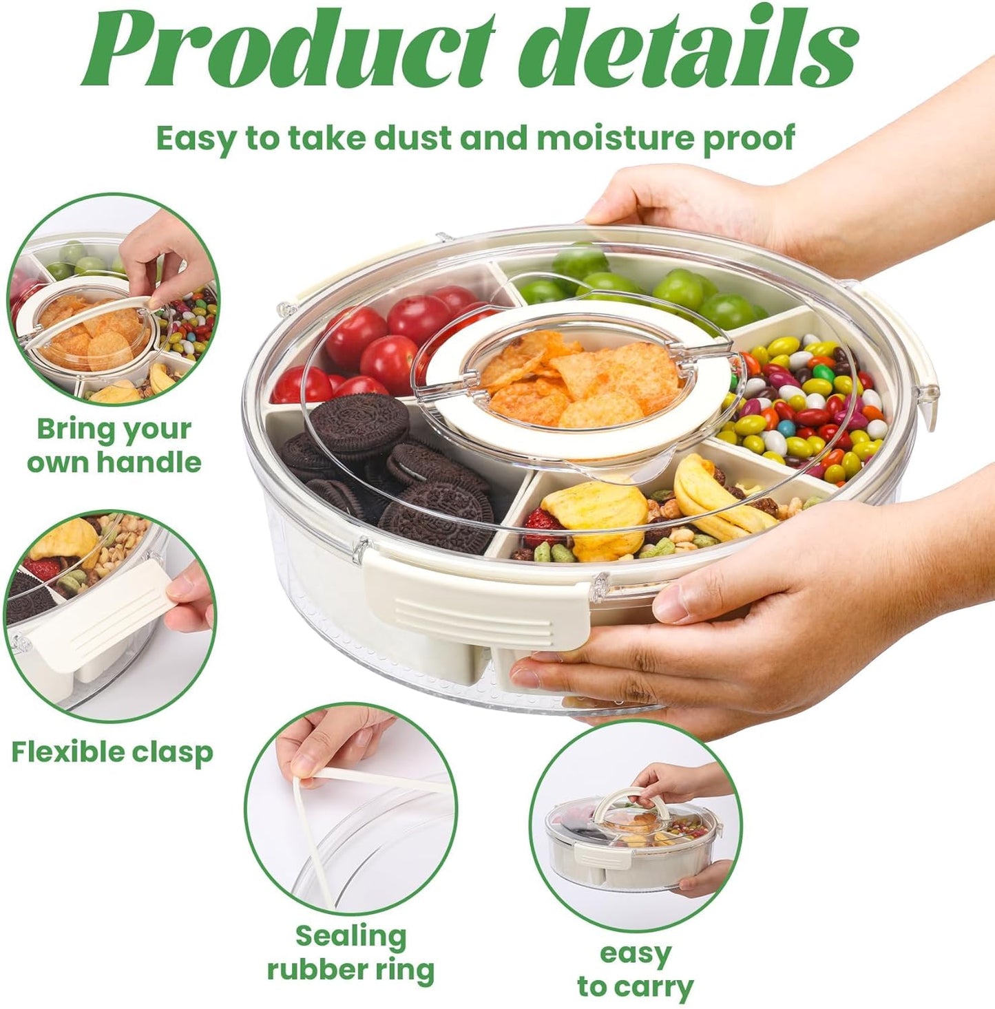 Snackle Box Container Divided Serving Tray with Lid, 6-Compartment Portable Spinning Round Stackable Container, Handle for Organize Veggies, Fruit, Candy, Party Snacks, Nuts, Kitchen Party Essentials
