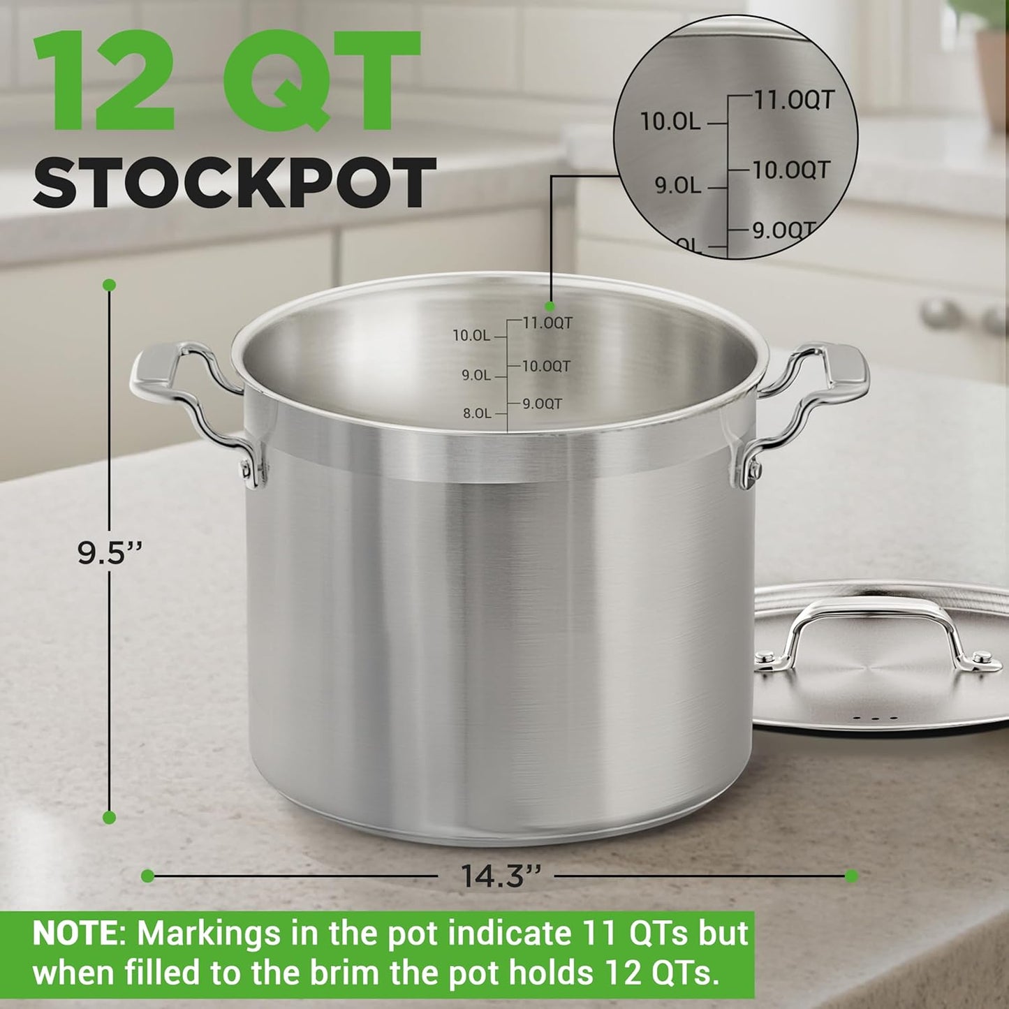 NutriChef 12-Quart Stainless Steel Stockpot with Stainless Steel Lid - 18/8 Food Grade Heavy Duty Large Stock Pot for Stew & Soup, Works w/Induction