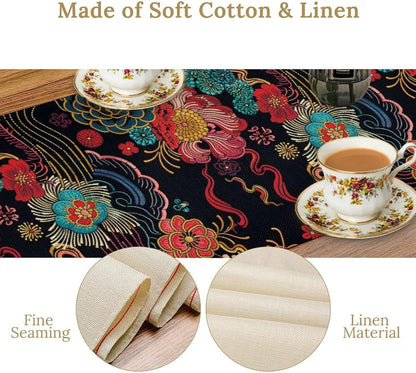 Chinese Embroidery Printing Table Runner, Floral Colorful Abstract Peony Table Runner for Bedroom Living Room Kitchen Home, 13x90 Inch