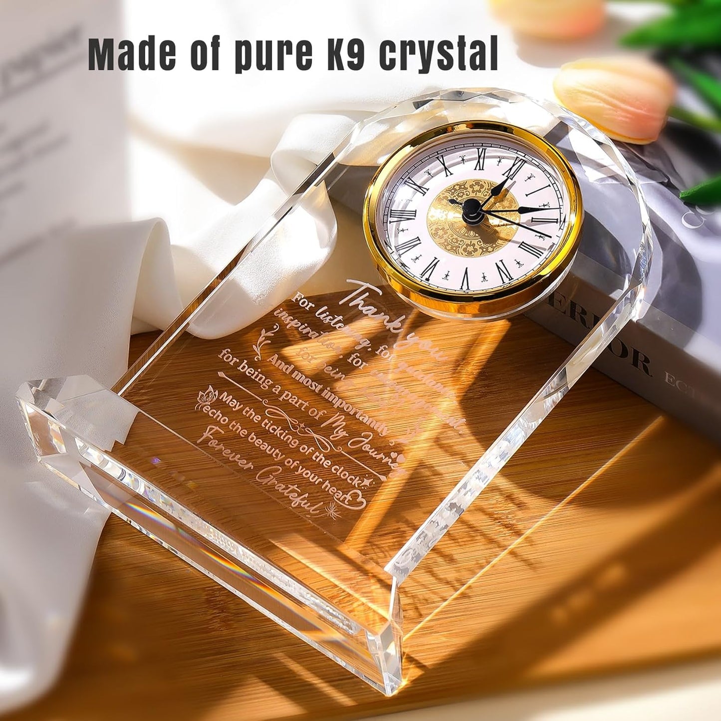 Thank You Gifts Clock for Women, Men, Appreciation Gift for Friends, Coworkers, Teacher - Inspirational Quotes Gifts for Mom, Sister - K9 Crystal Thank You Clock Desk & Home Decor