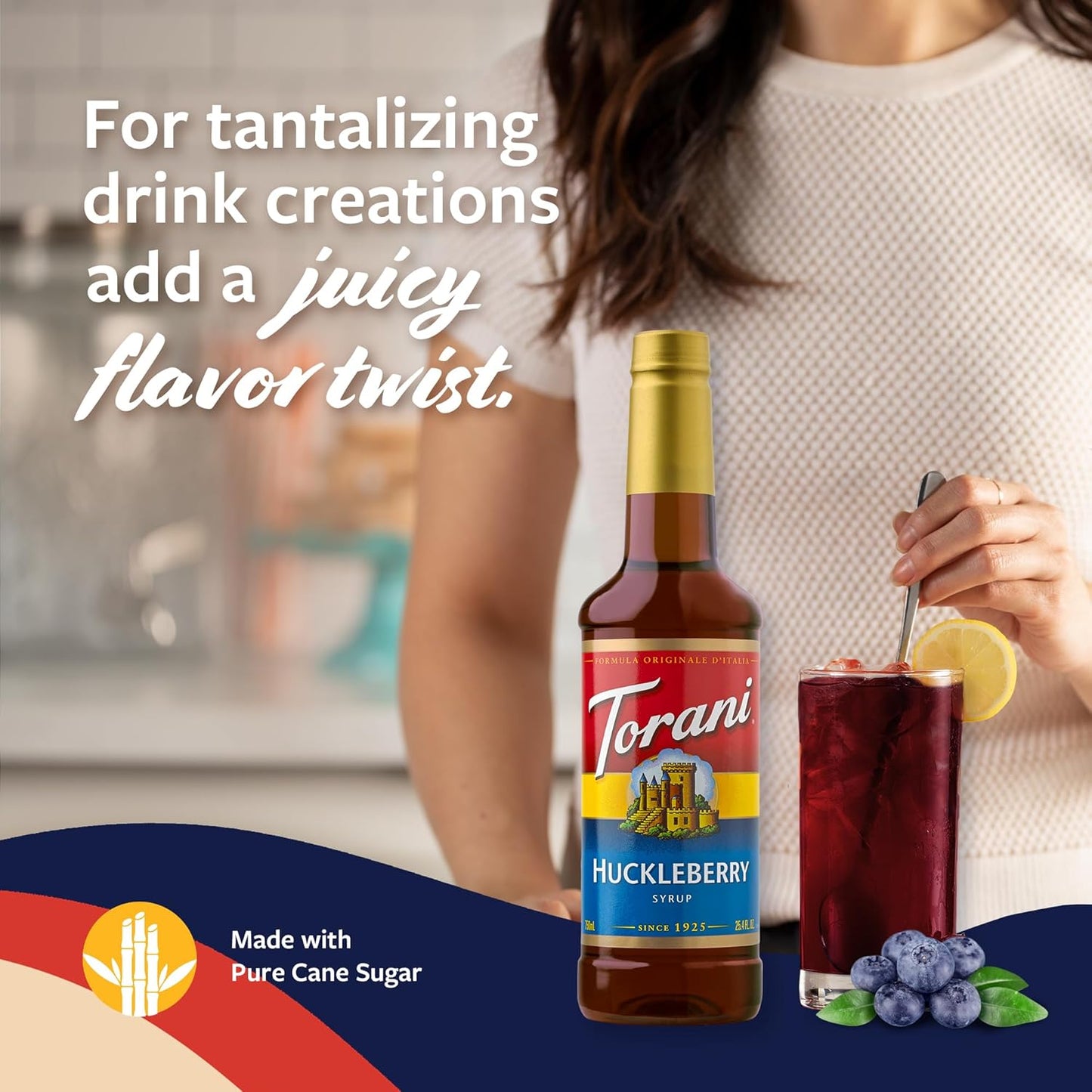 Torani Huckleberry Syrup for Drinks, Flavoring for Iced Tea, Lemonade, Sodas, and Cocktails, Pump Included, 25.4 Oz