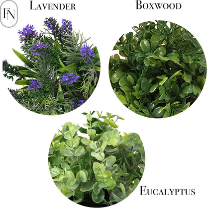 3 PACK 10" H Artificial Plant Greenery Pot (9" W Potted Greenery: Fake Faux Lavender Eucalyptus Boxwood) for Home Decoration Shop Decor Office Desk Dining Table Kitchen Washroom Garden Party Wedding