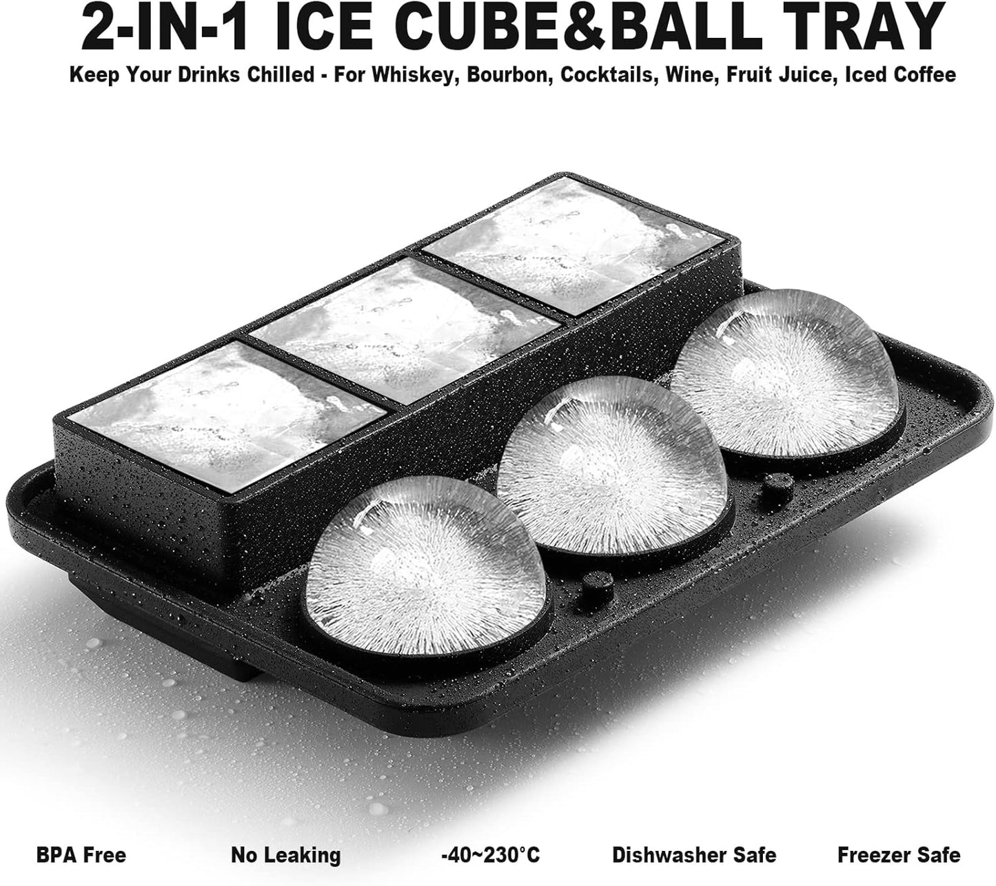 Nax Caki Ice Cube Molds Tray, Large Silicone Whiskey Ice Mold,2-in-1 Round Sphere Ice Ball Maker & Square Ice Trays for Cocktails, Bourbon, Whiskey Gifts for Men