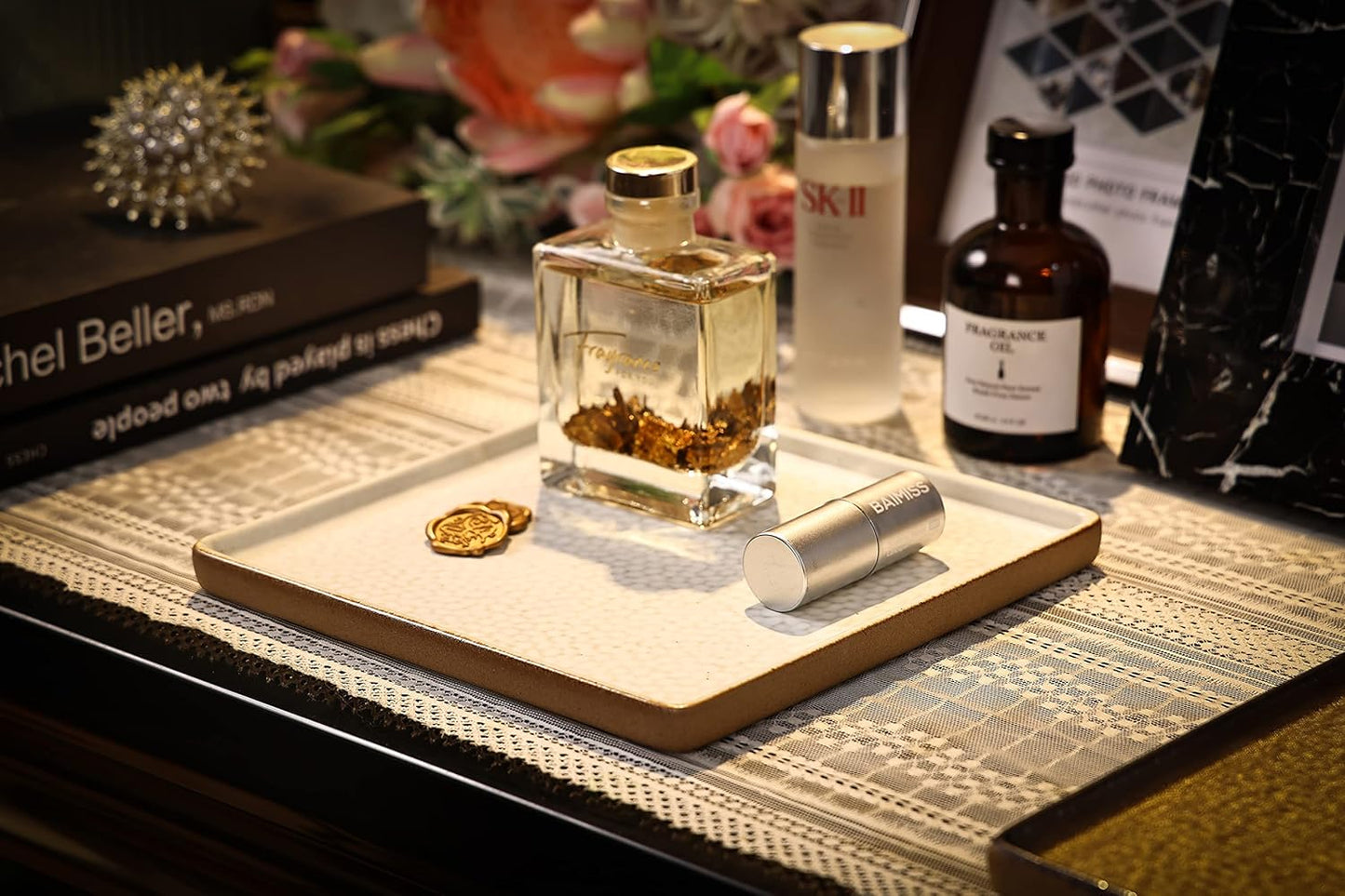 Vanity Tray with Brown Trim - Candle & Perfume Holder Organizer - Decorative Square White 8"8" Bathroom Countertop Tray