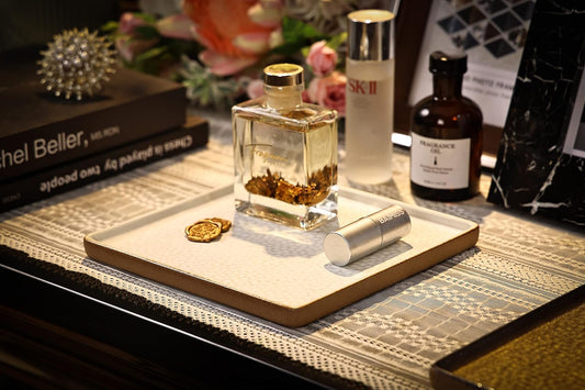 Vanity Tray with Brown Trim - Candle & Perfume Holder Organizer - Decorative Square White 8"8" Bathroom Countertop Tray