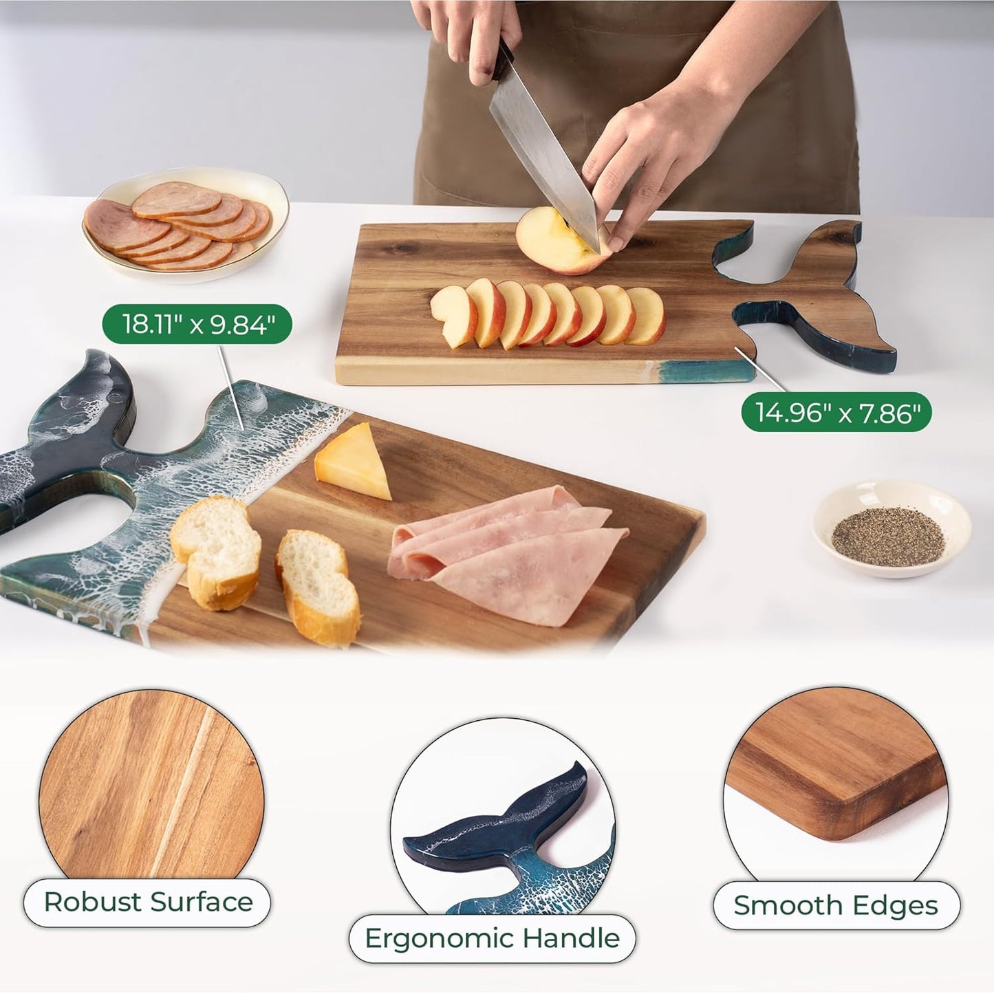 Whale Tail Ocean Serving Board with Resin Art, Large 18.1” x 9.8”, Perfect for Cheese, Charcuterie, Prep & Display – Includes Stand & Loofah, A Coastal Gift for Celebrations & Holidays