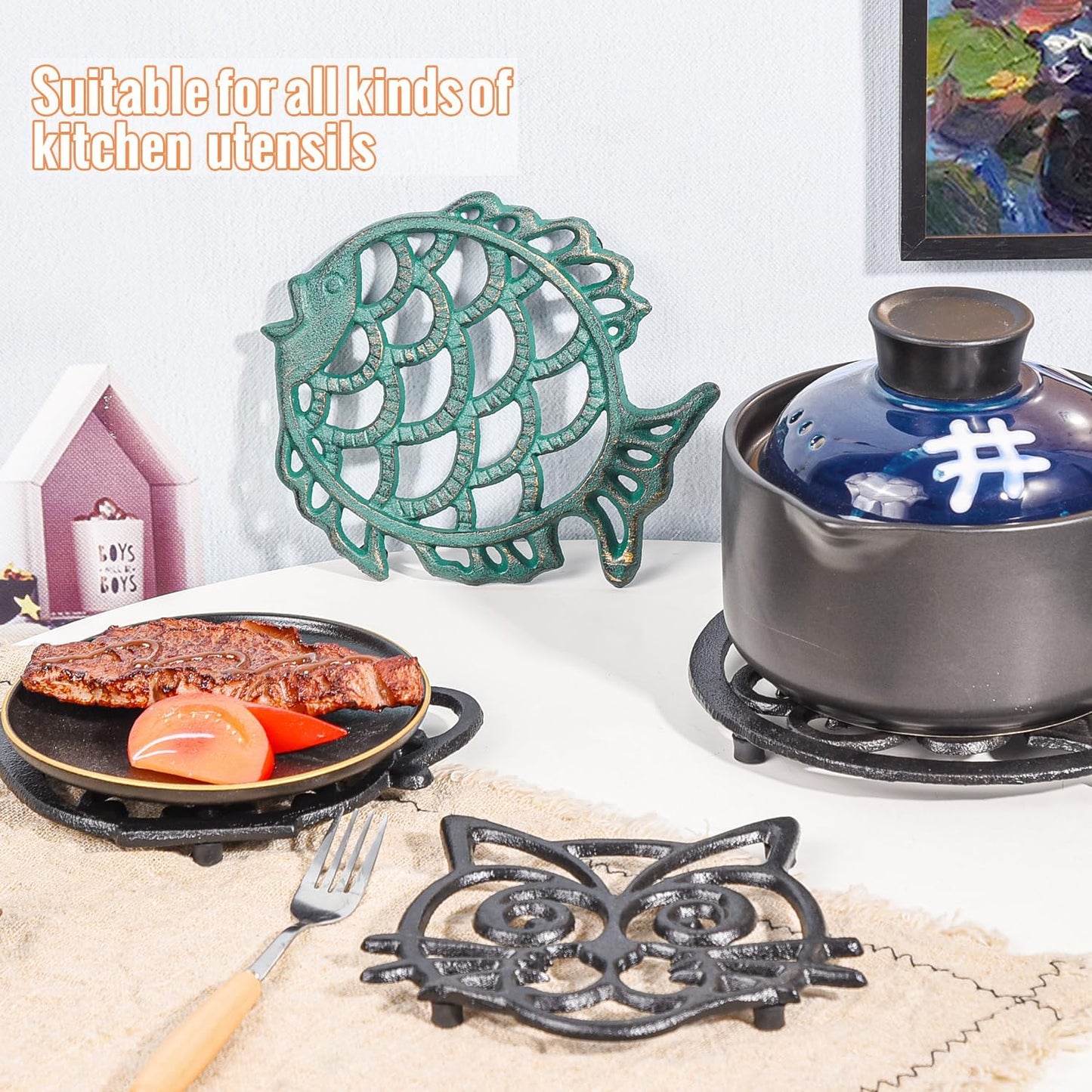 Sungmor Cast Iron Cute Fish Trivet for Wood Stove - Dia-7.5 Inch Dark Green Finish - Rustproof Round Stands for Hot Pots/Dishes/Pans - Decorative Metal Table Trivet for Kitchen Cooking